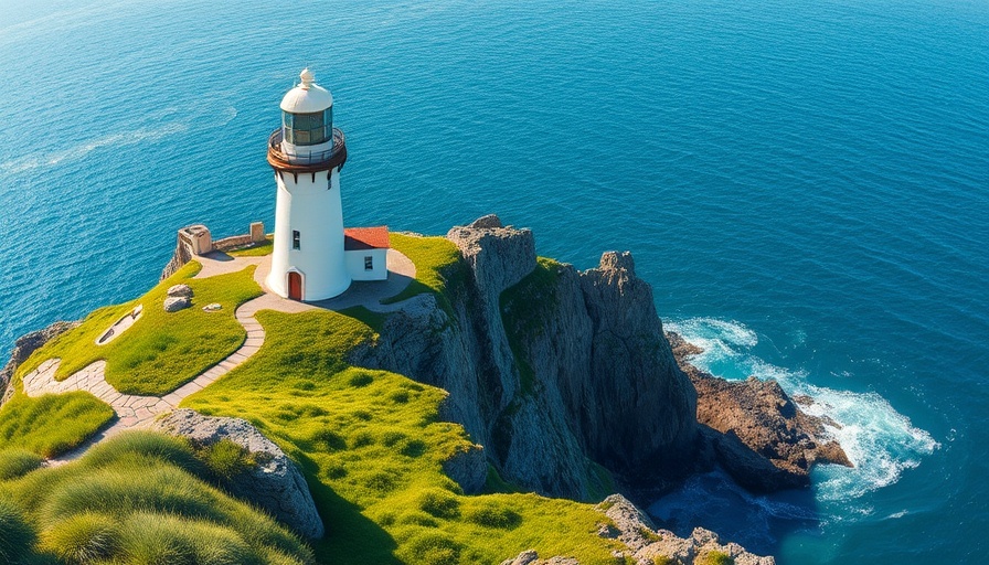 Aerial view of lighthouse on rocky Maine coastline, Maine state parks exploration.