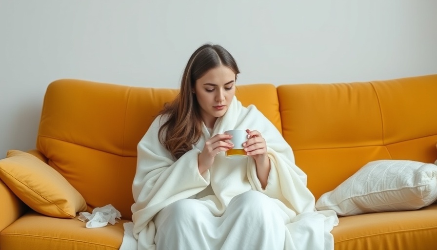 Sick woman on couch sipping tea, surrounded by tissues.