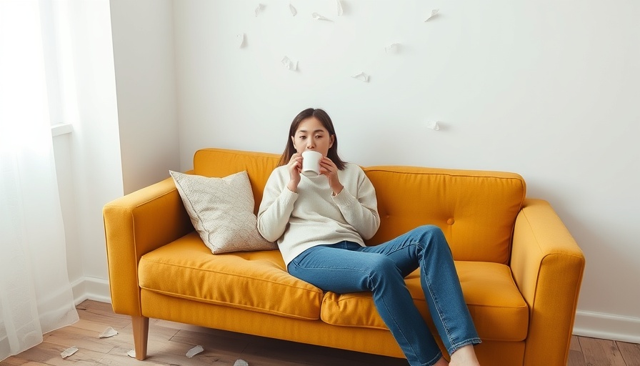 Woman sick on sofa feeling unwell sipping tea with tissues.