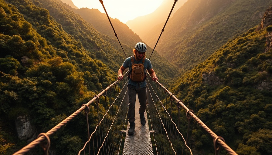 Hiker crossing a mountain via ferrata bridge at sunset in U.S.