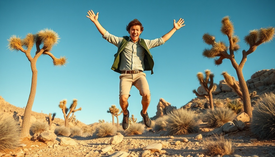 Hiker jumping rocks in Joshua Tree scenery - best Joshua Tree hikes.