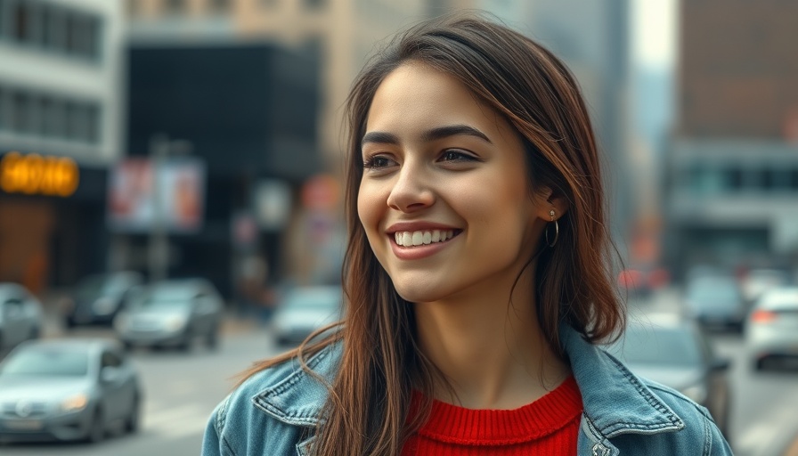 Smiling Native American entrepreneur in urban setting, denim jacket.