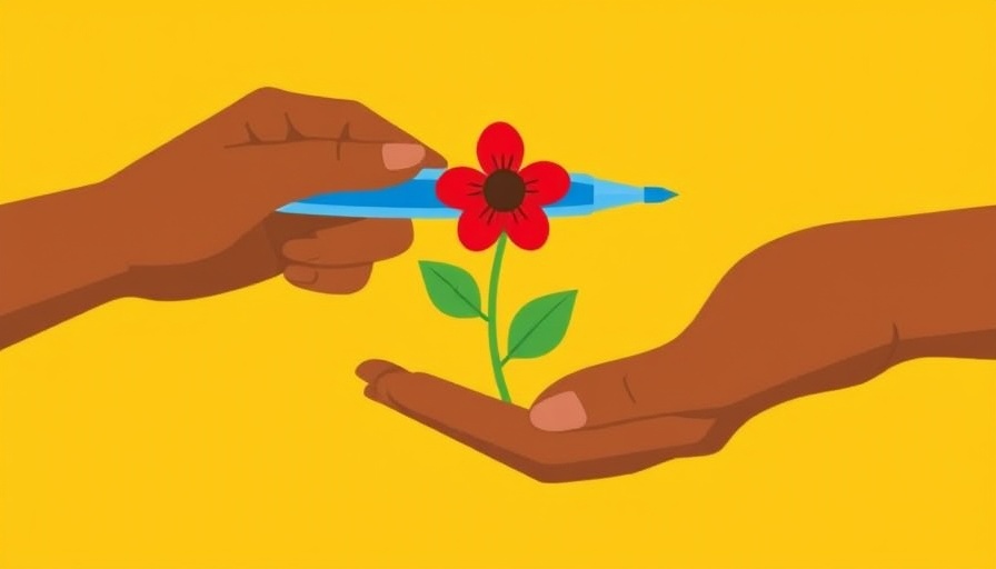 Illustration of hands exchanging flower-pen, sustainability in business