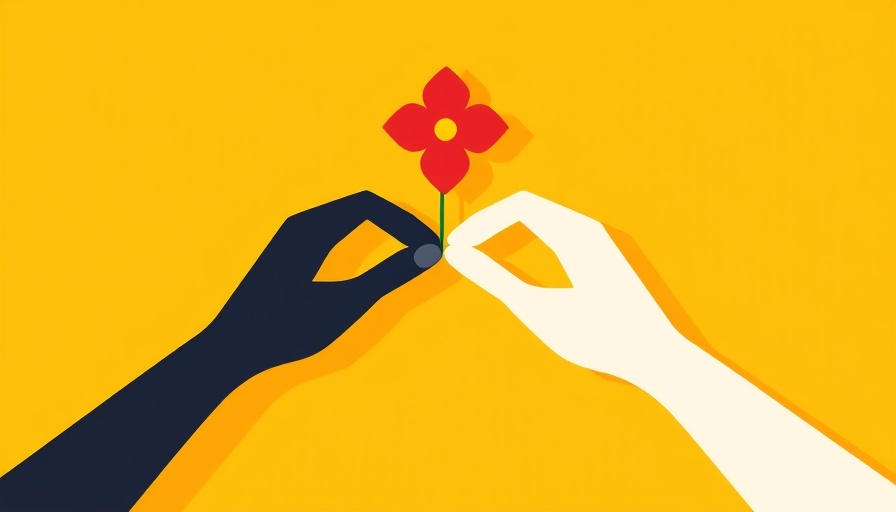 Abstract art of hands exchanging flower, symbolizing sustainability.