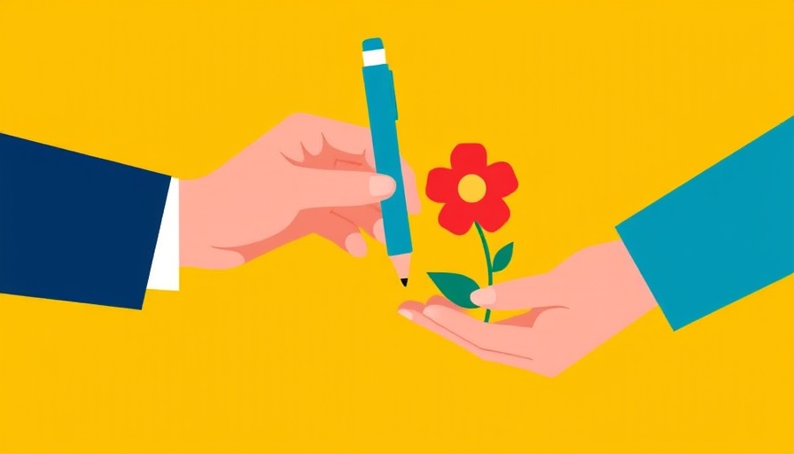 Abstract art of hands exchanging pen and flower on yellow background.