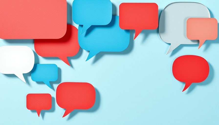 Layered blue to red speech bubbles on a light blue background.