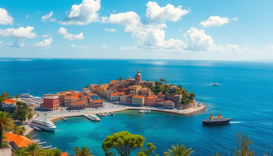 Picturesque coastal town, ideal car-free travel destination under clear skies.