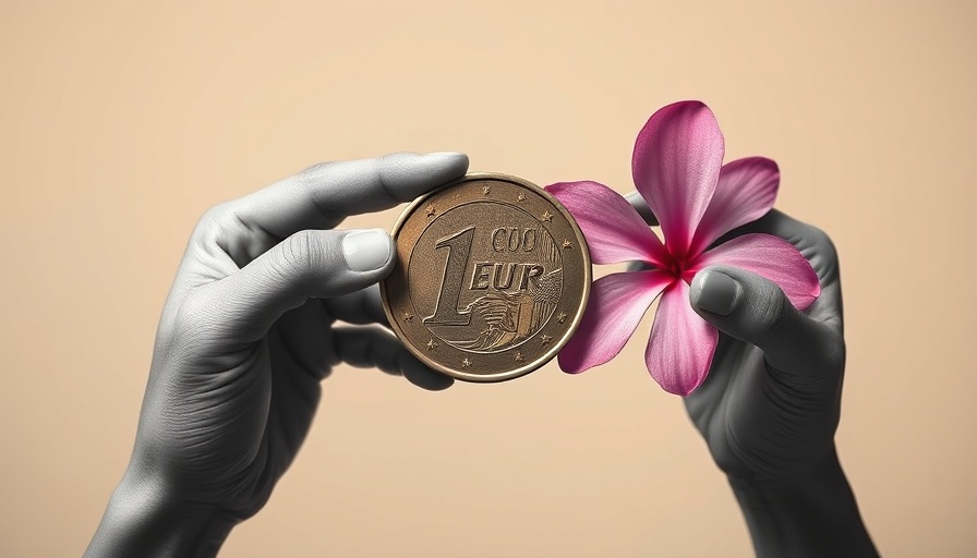 Surreal hands offering a euro coin and flower, symbolic choices.