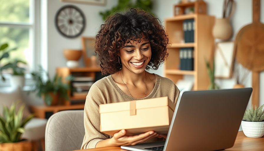 Curly haired woman smiling, working on a laptop, bootstrapping for women entrepreneurs in a cozy home office.