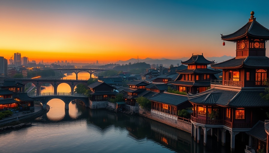 Twilight view of Chengdu's ancient teahouses by a river