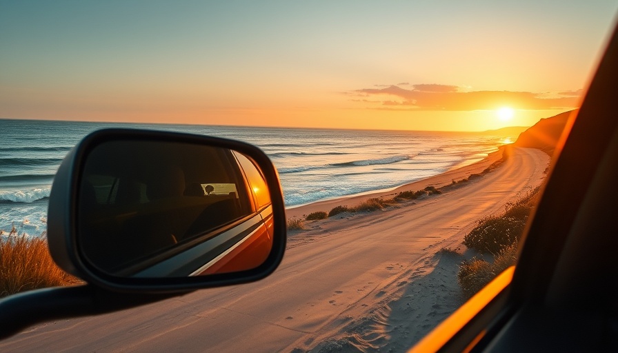 Baja California road trip scenic view in side mirror with ocean backdrop.
