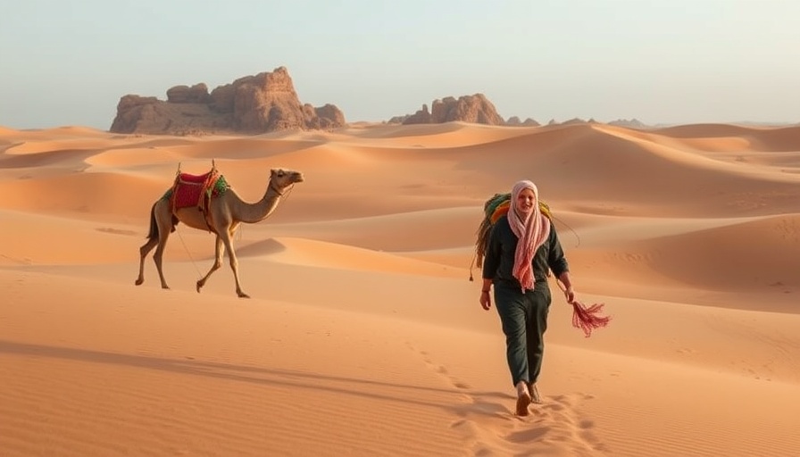Camels in desert at UNESCO World Heritage Site; cinematic landscape