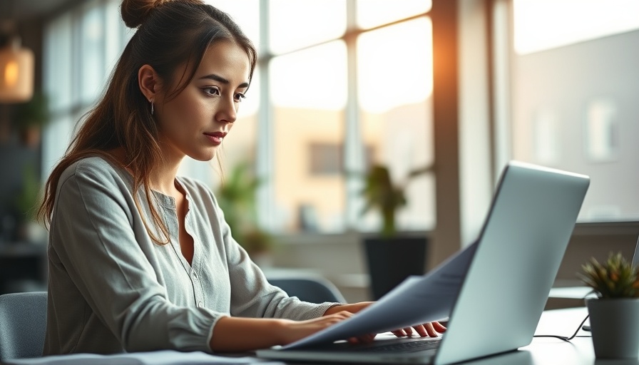 Young woman working on bookkeeping, reviewing documents in bright office.