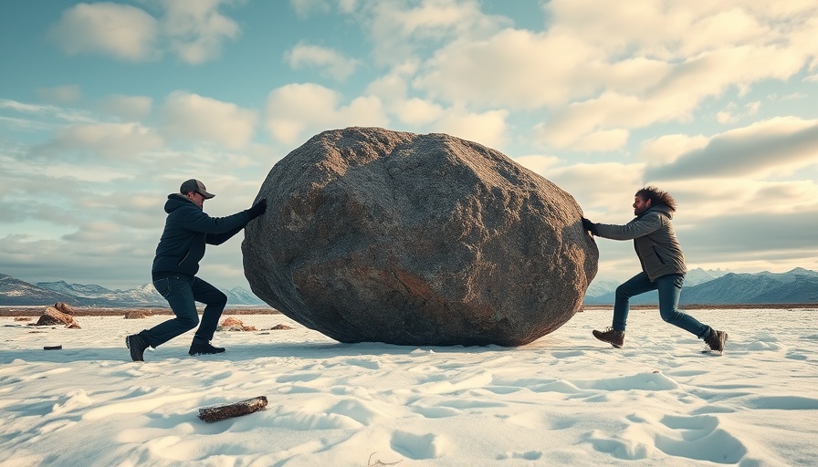 Two people pushing a boulder in snow, illustrating when help isn’t helpful.