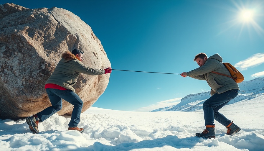 Two people pushing a boulder, symbolizing help in business.