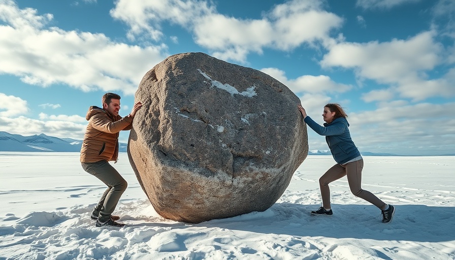 Two people struggling to move a large boulder in snow when help isn't helpful.