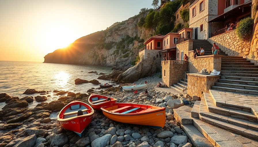 Travel inspiration: Serene coastal view with boats and cliffs.