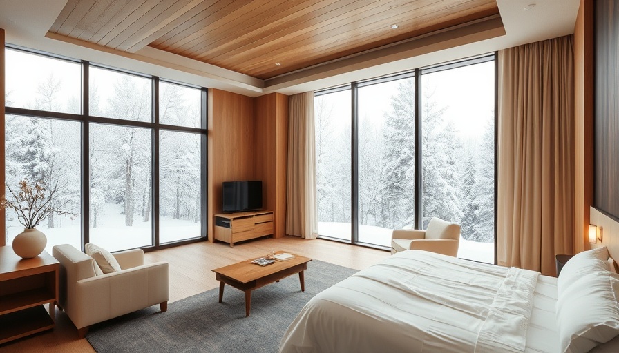 Serene minimalist hotel room with cozy bed and snowy forest view.