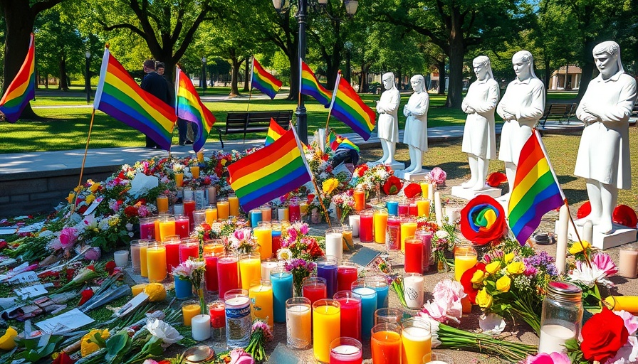 LGBTQ+ heritage tribute with rainbow flags and candles in park.