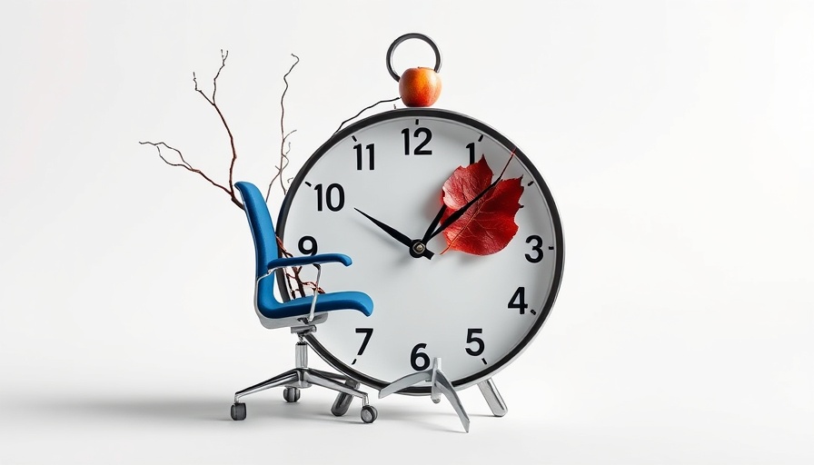 Surreal clock with office chair and objects symbolizing leadership transitions.