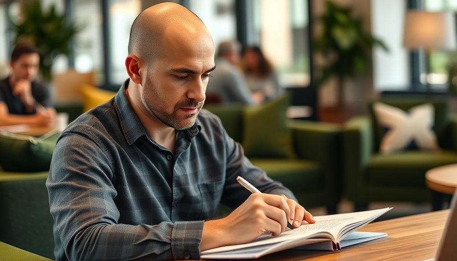 Focused man taking notes in a modern office setting.