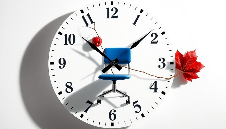 Surreal clock face with office chair, apple, branch, leaf, representing time.