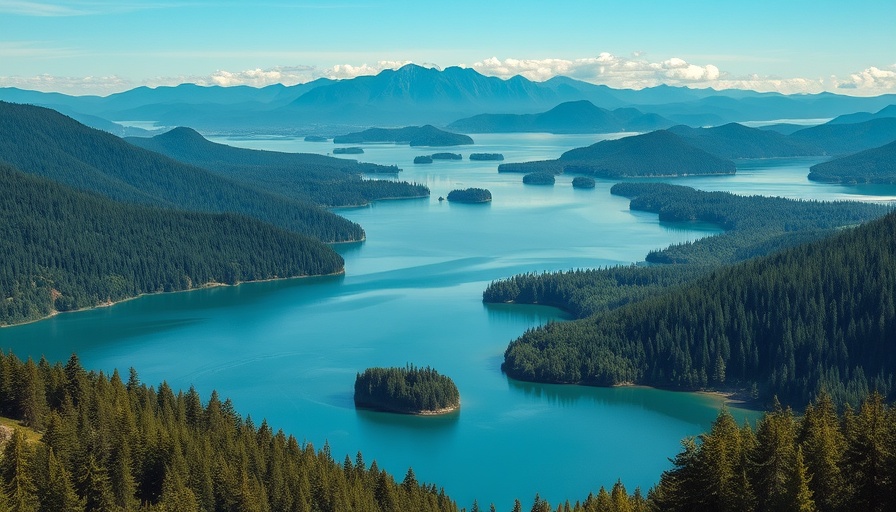 Aerial view of Vancouver Island with forests, lakes, and mountains.