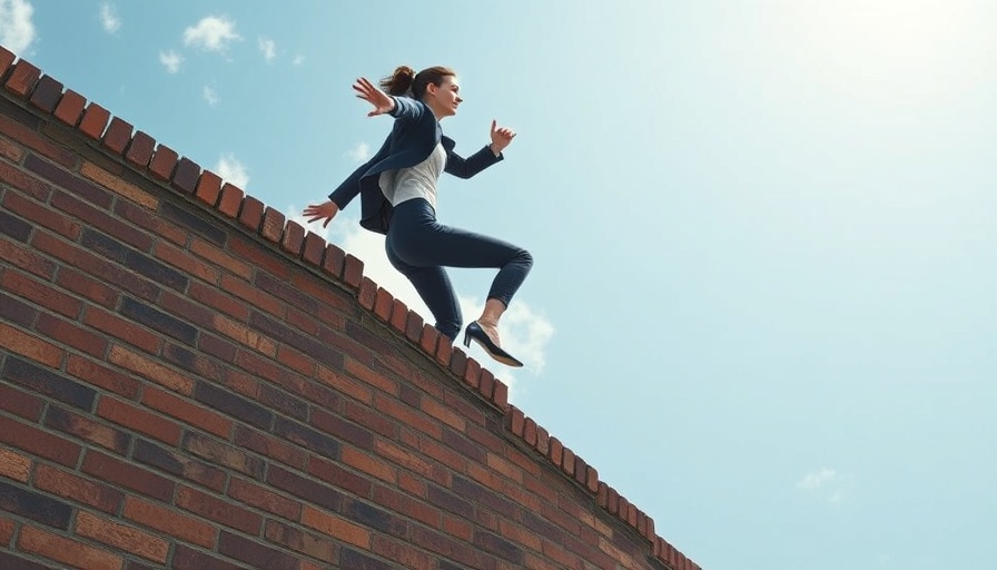 Businesswoman climbing brick wall symbolizes leadership transition