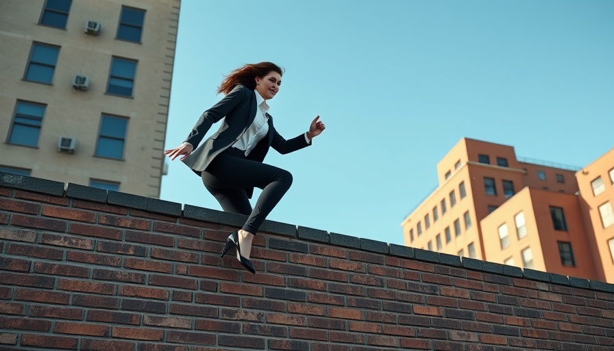 Woman in business attire overcoming a challenge, symbolizing Women in business.