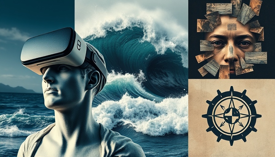 AI Revolution in Business surreal art with VR, waves, and abstract designs.