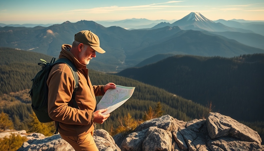 Adventure traveler surveying the landscape with map on a mountain.