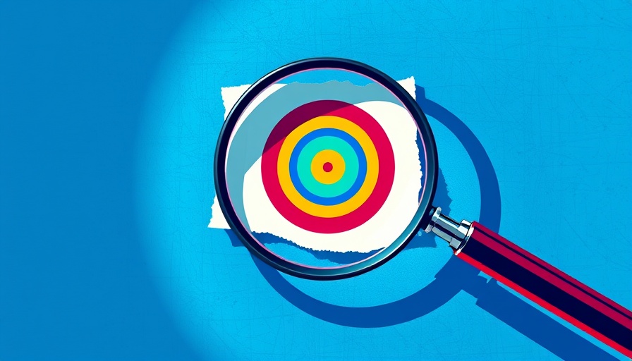 Creative target with magnifying glass on blue background symbolizing strategic subtraction for women entrepreneurs.