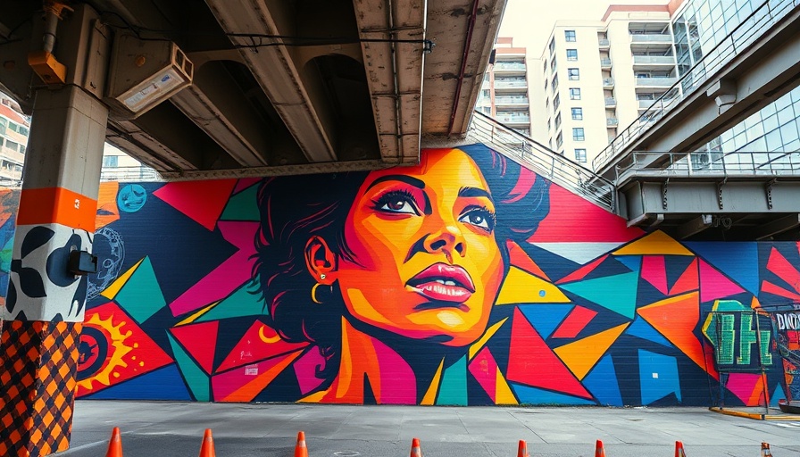 Detroit arts revitalization mural under urban bridge, vibrant colors.
