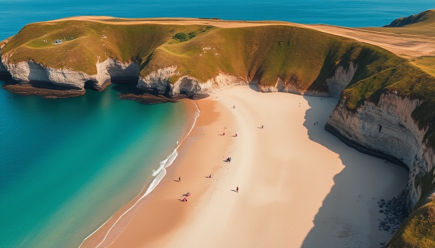Stunning coastal view of sandy UK beach with turquoise waters.