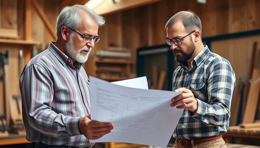 Mature man discusses blueprint with younger man in a workshop, highlighting Ecommerce Advantages and Disadvantages.