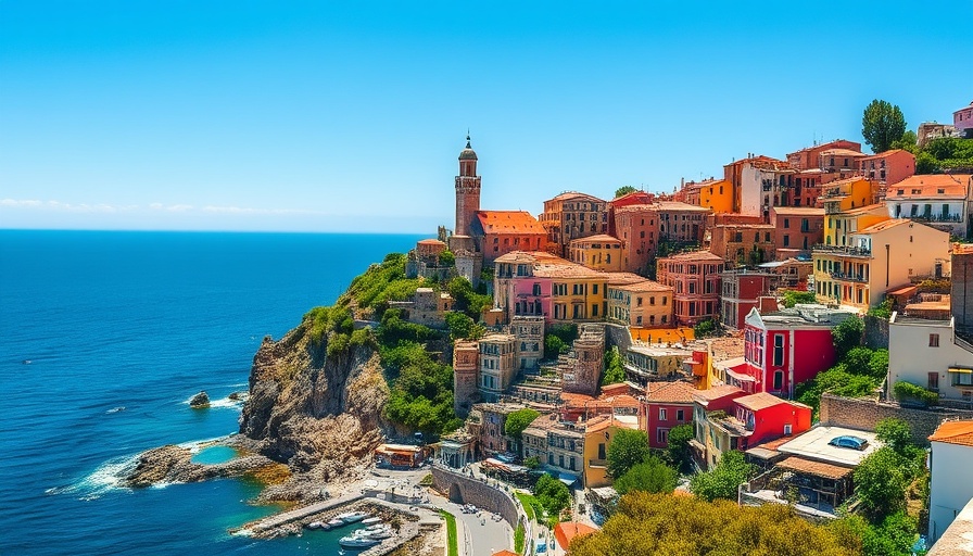 Vibrant seaside town in Amalfi Coast, colorful buildings and blue sea