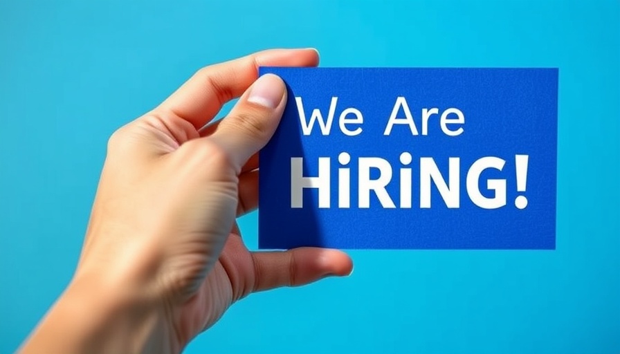 Hand holding 'We Are Hiring' sign, blue background.