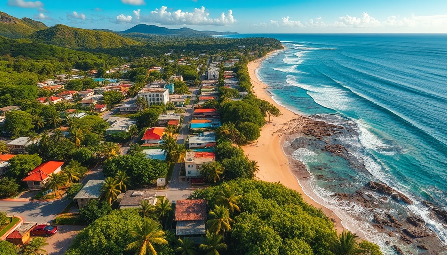 Aerial view of a picturesque Puerto Rican coastal town, perfect for food destinations.