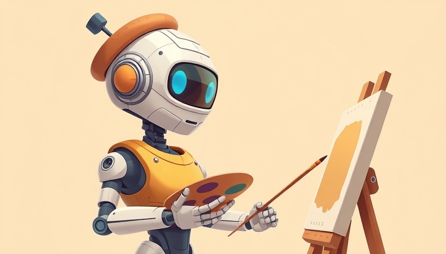 Whimsical robot artist painting with a palette in a colorful cartoon style.