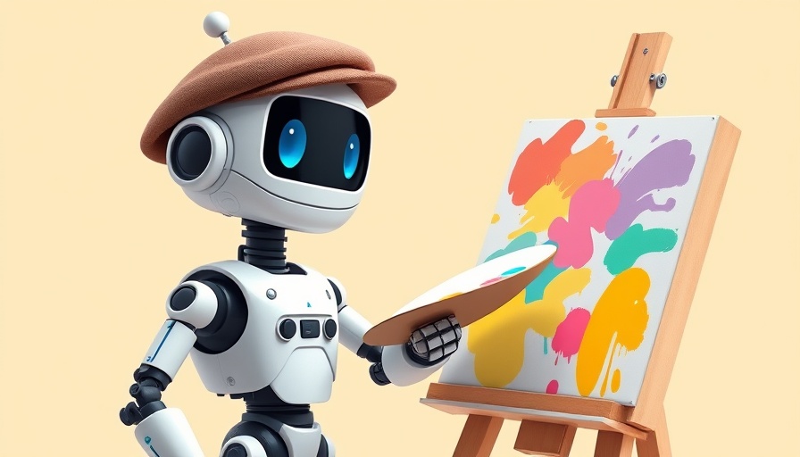 A whimsical robot artist creates art with a vibrant palette.