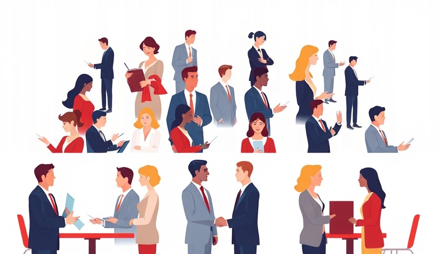 Illustration of women in business hierarchy with meetings and interactions.
