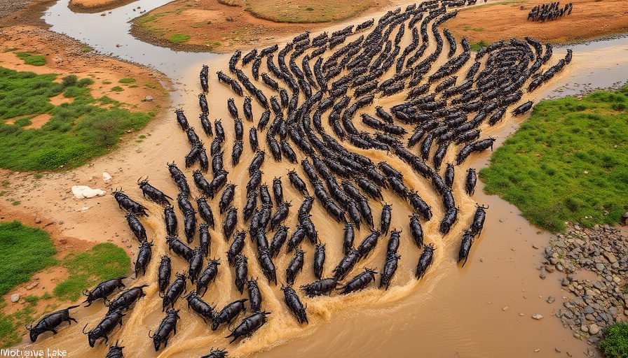Aerial view of wildebeest migration crossing a river in Africa.