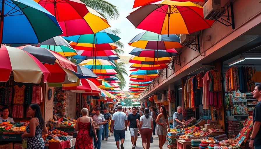 Vibrant street market in Latin America with colorful umbrellas.