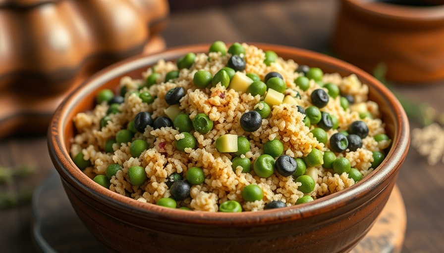 Zucchini, Pea, and Bulgur Pilaf dish with lemon wedges.