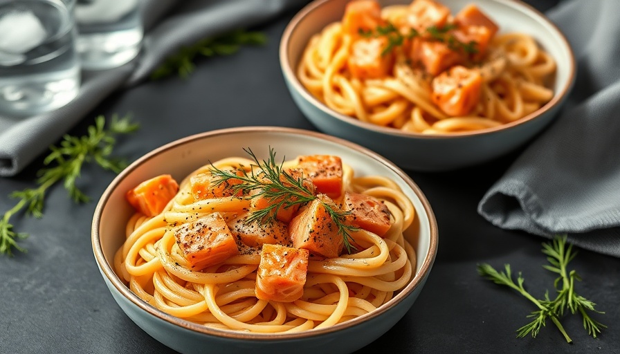 Smoked salmon pasta recipe, garnished with dill in bowls.