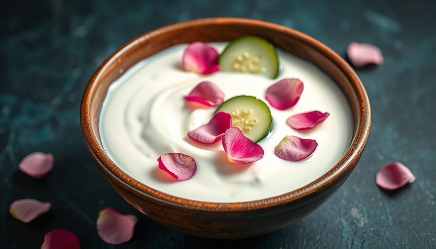 Creamy yogurt and cucumber soup with rose petals in rustic bowl.