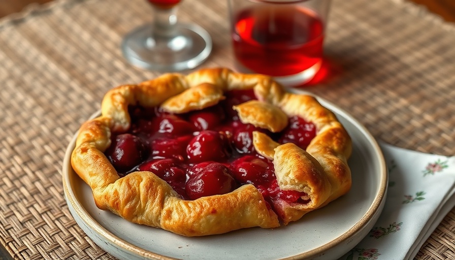 Sour Cherry and Campari Galette slice on plate with Campari glass.
