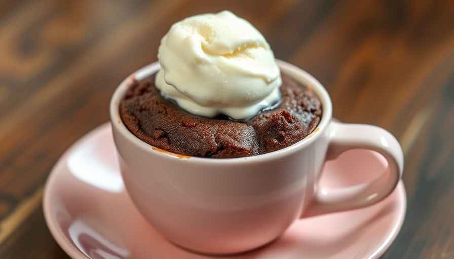 Delicious chocolate mug cake recipe in pink mug with ice cream.
