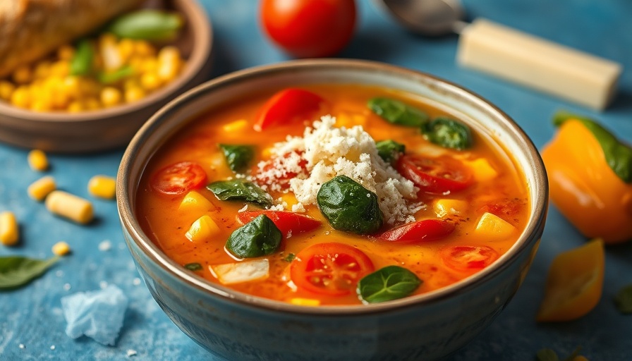Summer Vegetable Soup with Pistou in a white bowl on blue