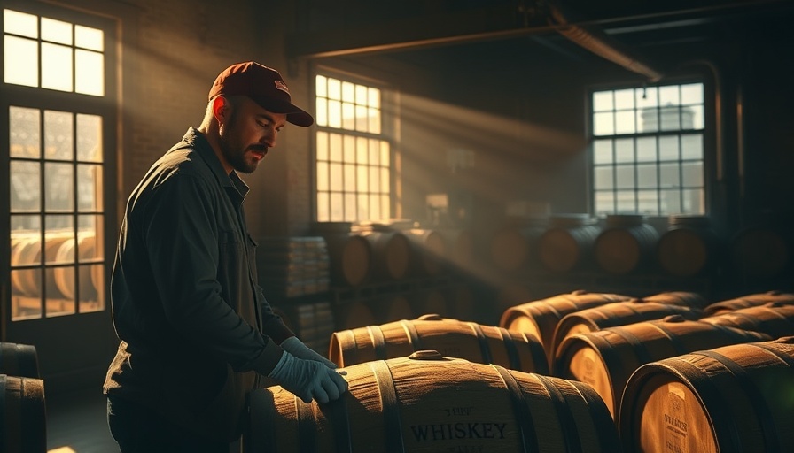 Scottish Whisky Culture: Worker in distillery with barrels illuminated by warm sunlight.
